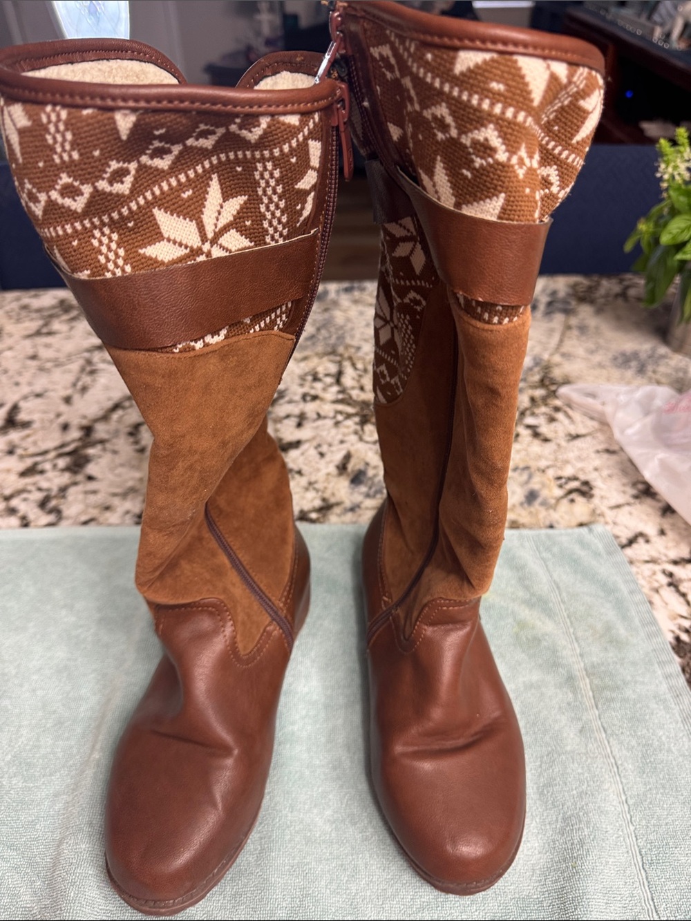 Brown Knee-High Knit Accent Boots